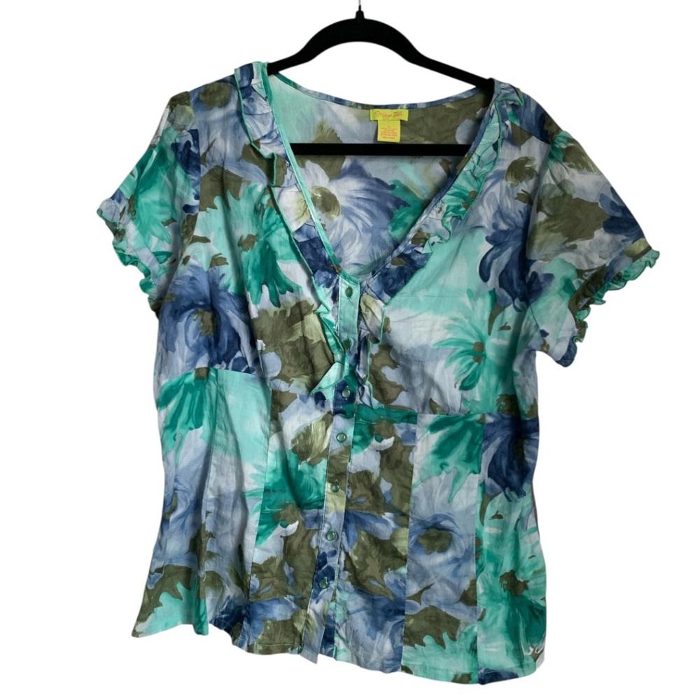 Mango Isle Womens Blouse Size XL Floral Blues Greens Short Sleeves Top Shirt